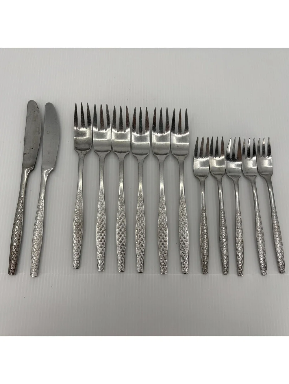 Dansk Designs Denmark IHQ 14 Pc Stainless Flatware Diamond Pattern Forks Knives